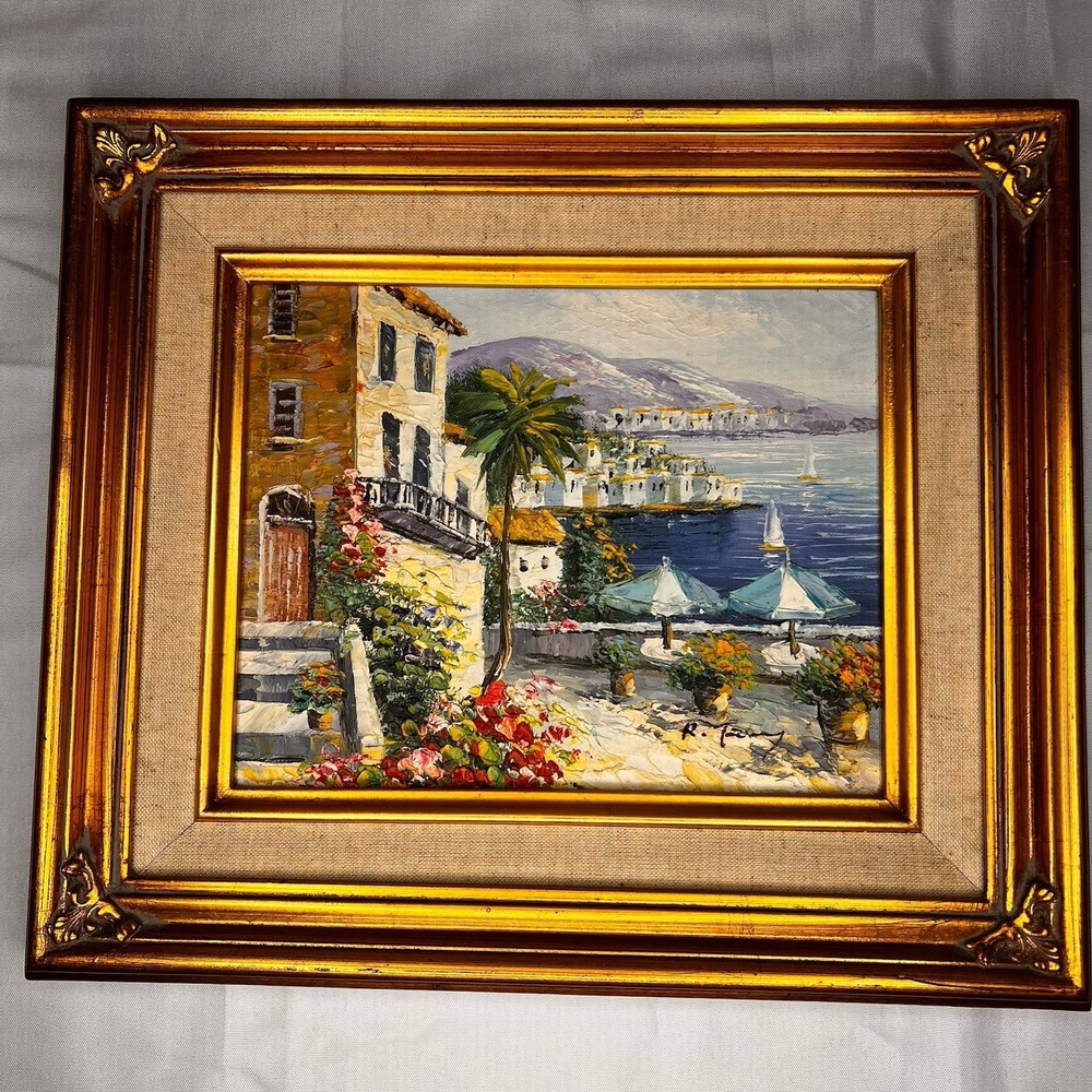 Signed Mediterranean Coastal Village Palette Knife Oil Painting Framed - Picture 3 of 15